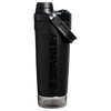 Front view of the black Stanley Activate Shaker Bottle featuring the side handle, leakproof lid, and transparent base storage jar.

