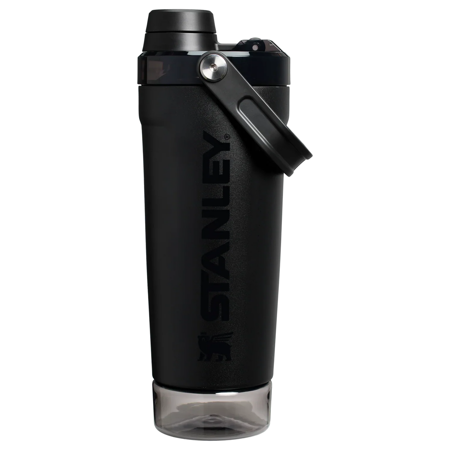 Front view of the black Stanley Activate Shaker Bottle featuring the side handle, leakproof lid, and transparent base storage jar.
