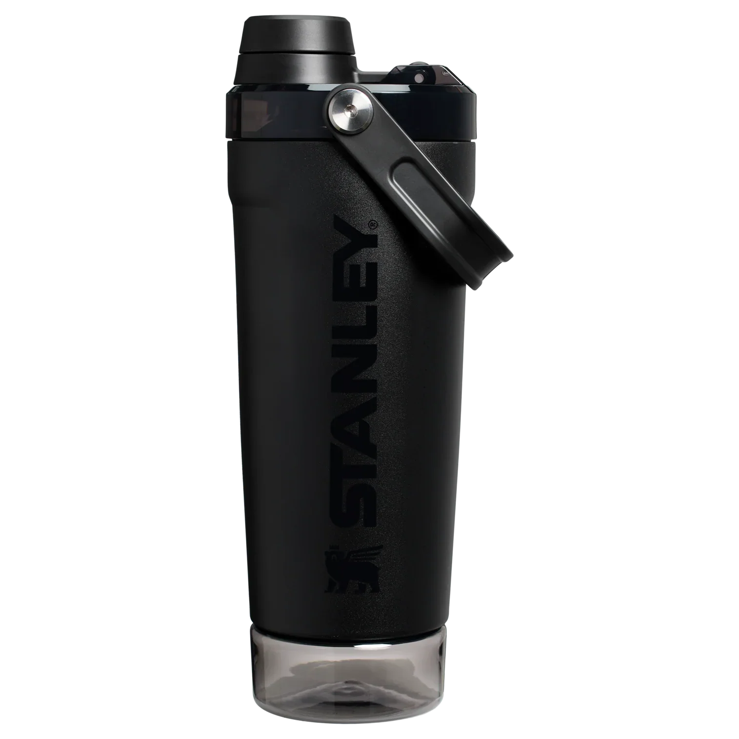 Front view of the black Stanley Activate Shaker Bottle featuring the side handle, leakproof lid, and transparent base storage jar.
