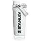 Front view of the black Stanley Activate Shaker Bottle featuring the side handle, leakproof lid, and transparent base storage jar.
