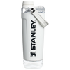 Front view of the black Stanley Activate Shaker Bottle featuring the side handle, leakproof lid, and transparent base storage jar.
