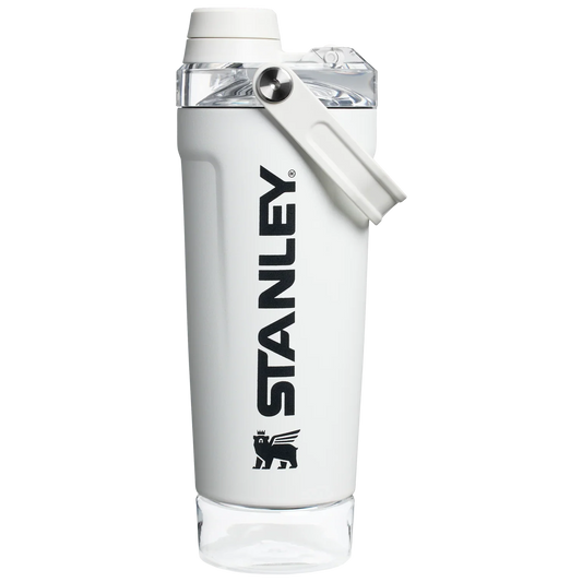 Front view of the black Stanley Activate Shaker Bottle featuring the side handle, leakproof lid, and transparent base storage jar.
