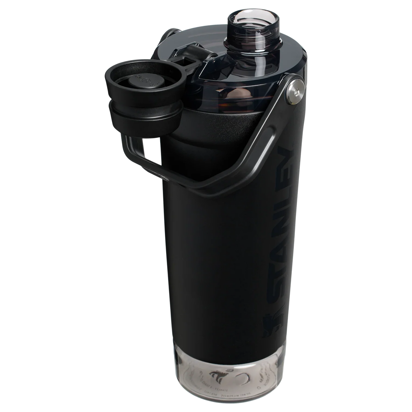 A black Stanley Activate Shaker Bottle with an open tethered cap, showing the lid and carry handle design.
