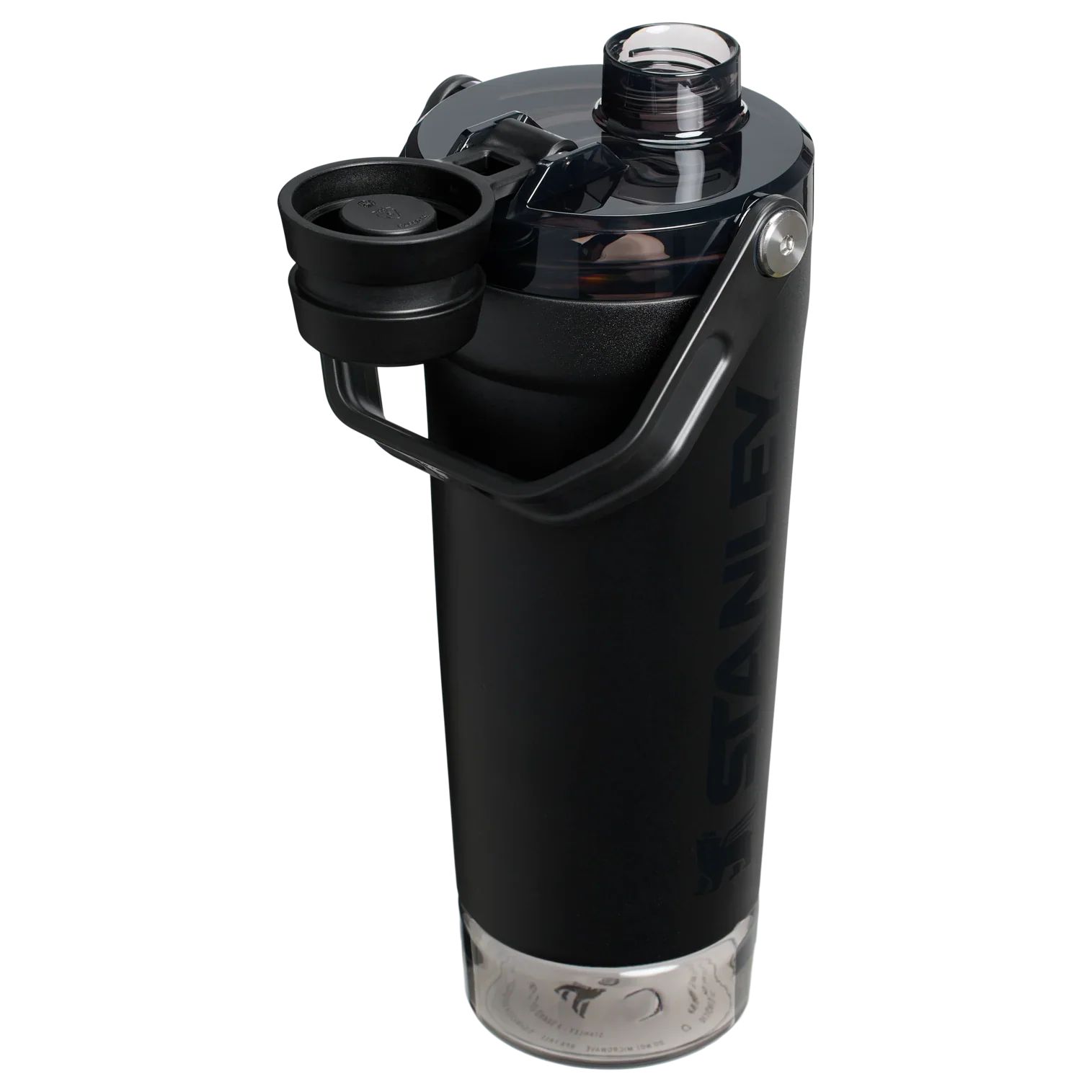 A black Stanley Activate Shaker Bottle with an open tethered cap, showing the lid and carry handle design.
