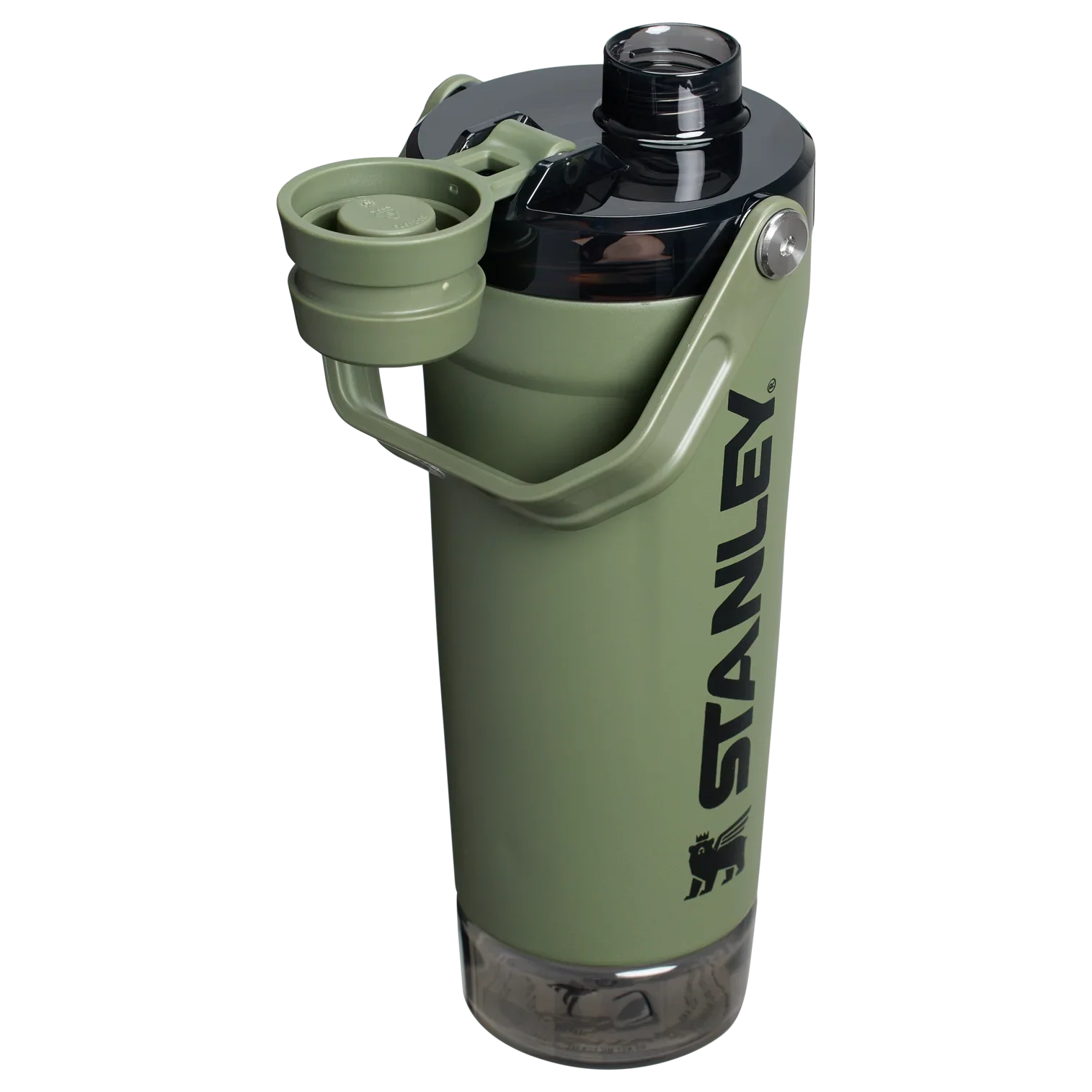 A black Stanley Activate Shaker Bottle with an open tethered cap, showing the lid and carry handle design.
