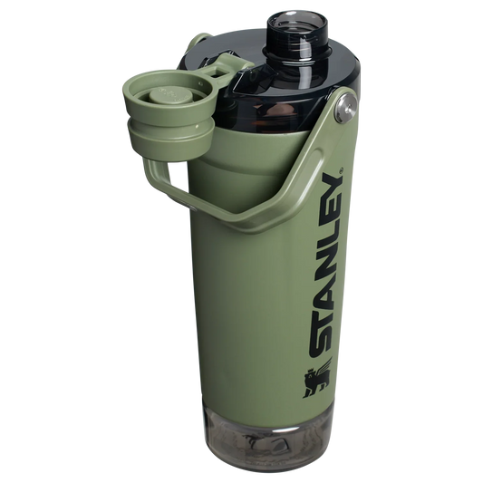 A black Stanley Activate Shaker Bottle with an open tethered cap, showing the lid and carry handle design.
