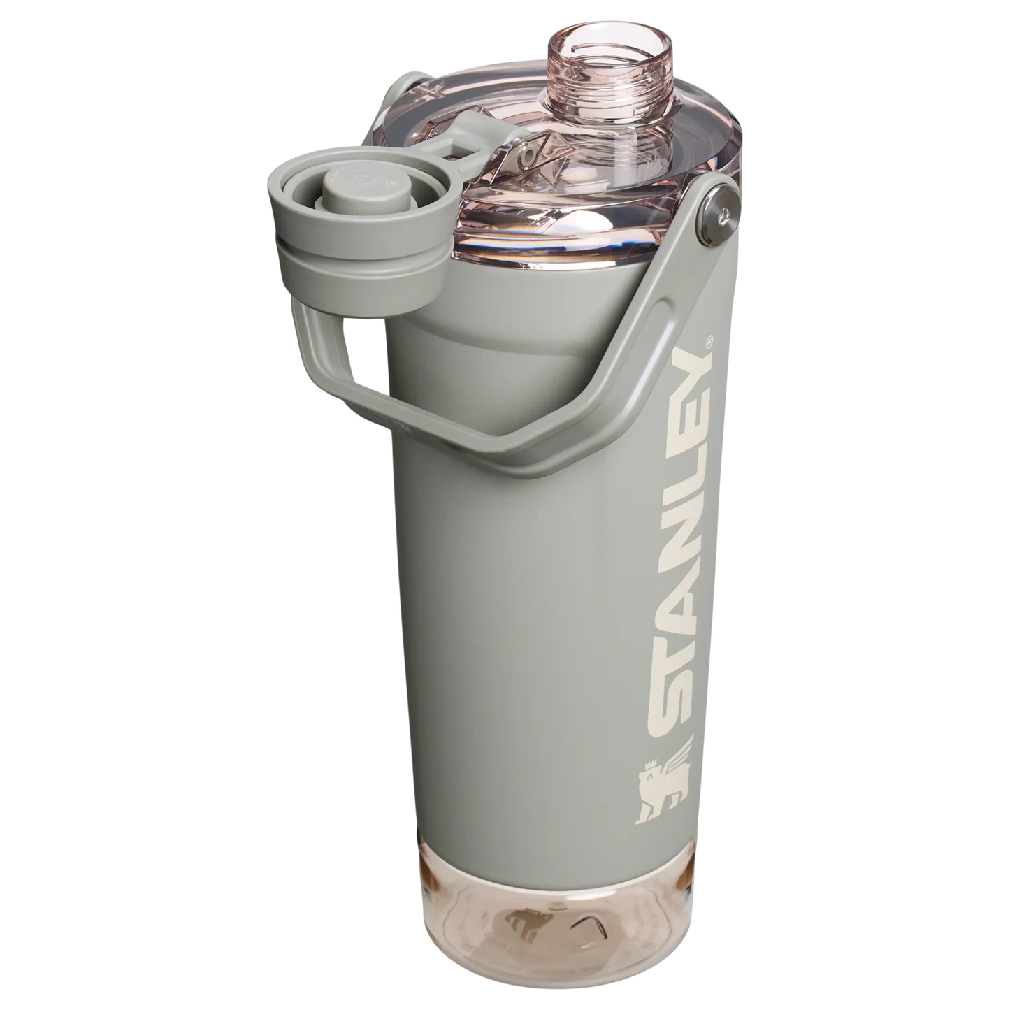 A black Stanley Activate Shaker Bottle with an open tethered cap, showing the lid and carry handle design.
