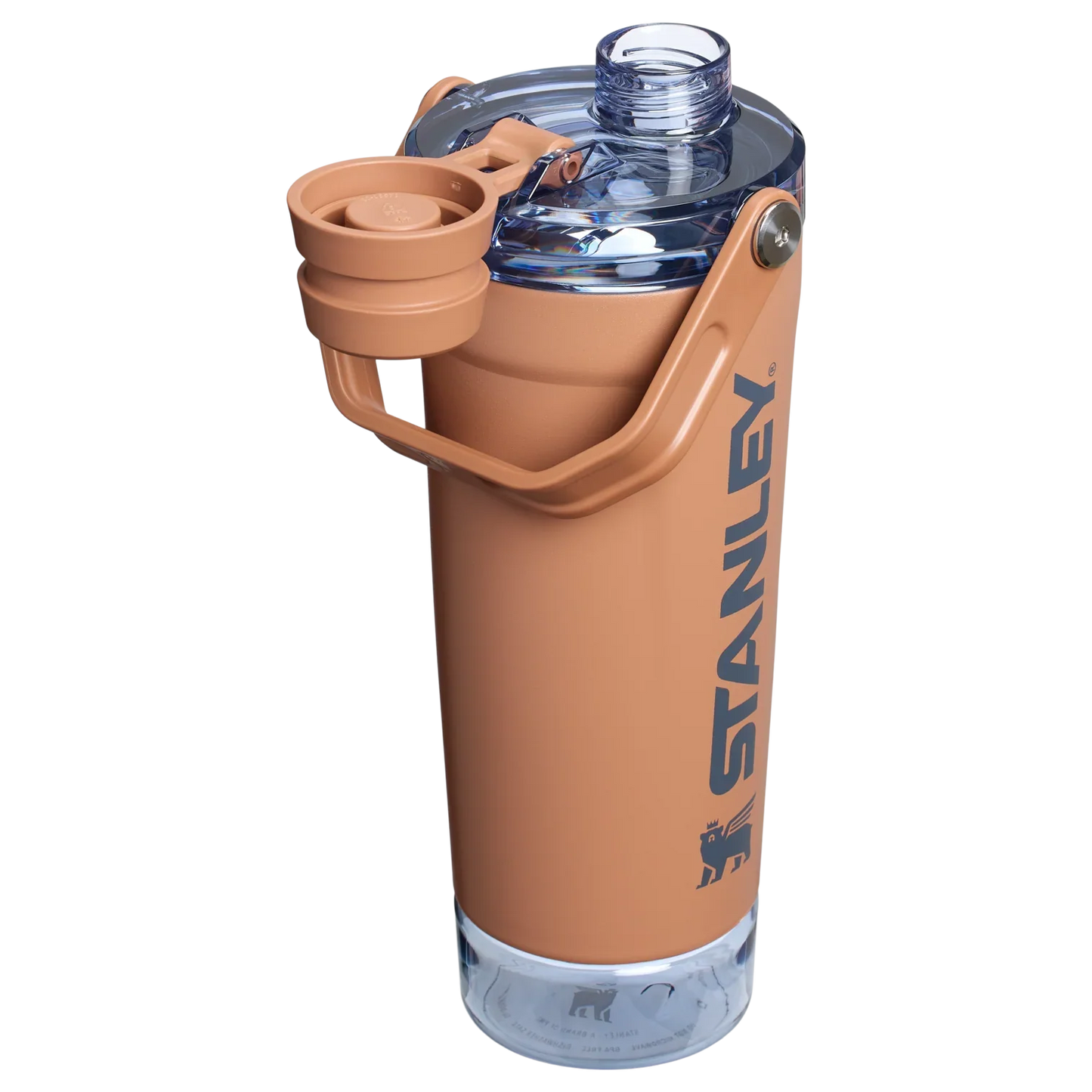 A black Stanley Activate Shaker Bottle with an open tethered cap, showing the lid and carry handle design.
