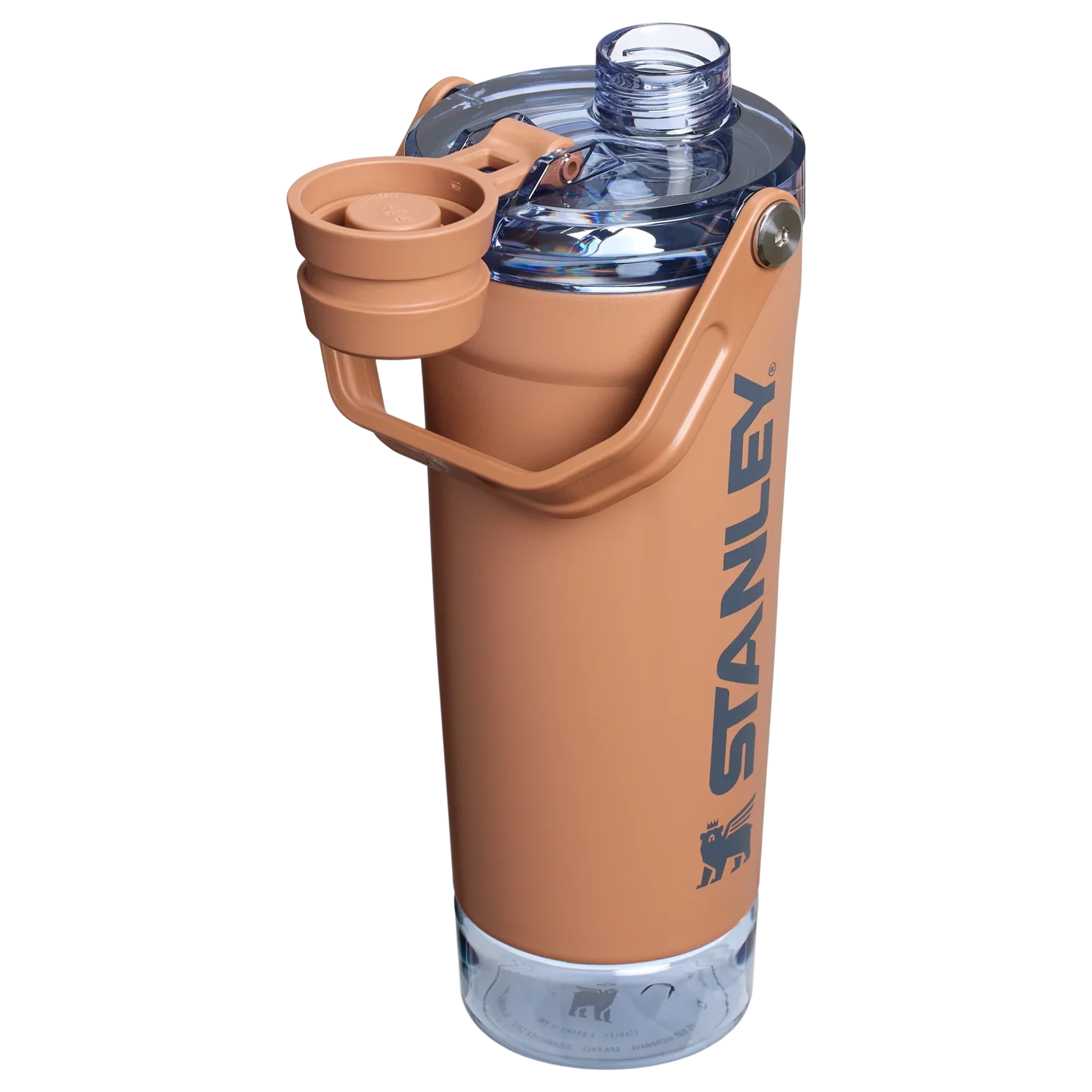 A black Stanley Activate Shaker Bottle with an open tethered cap, showing the lid and carry handle design.
