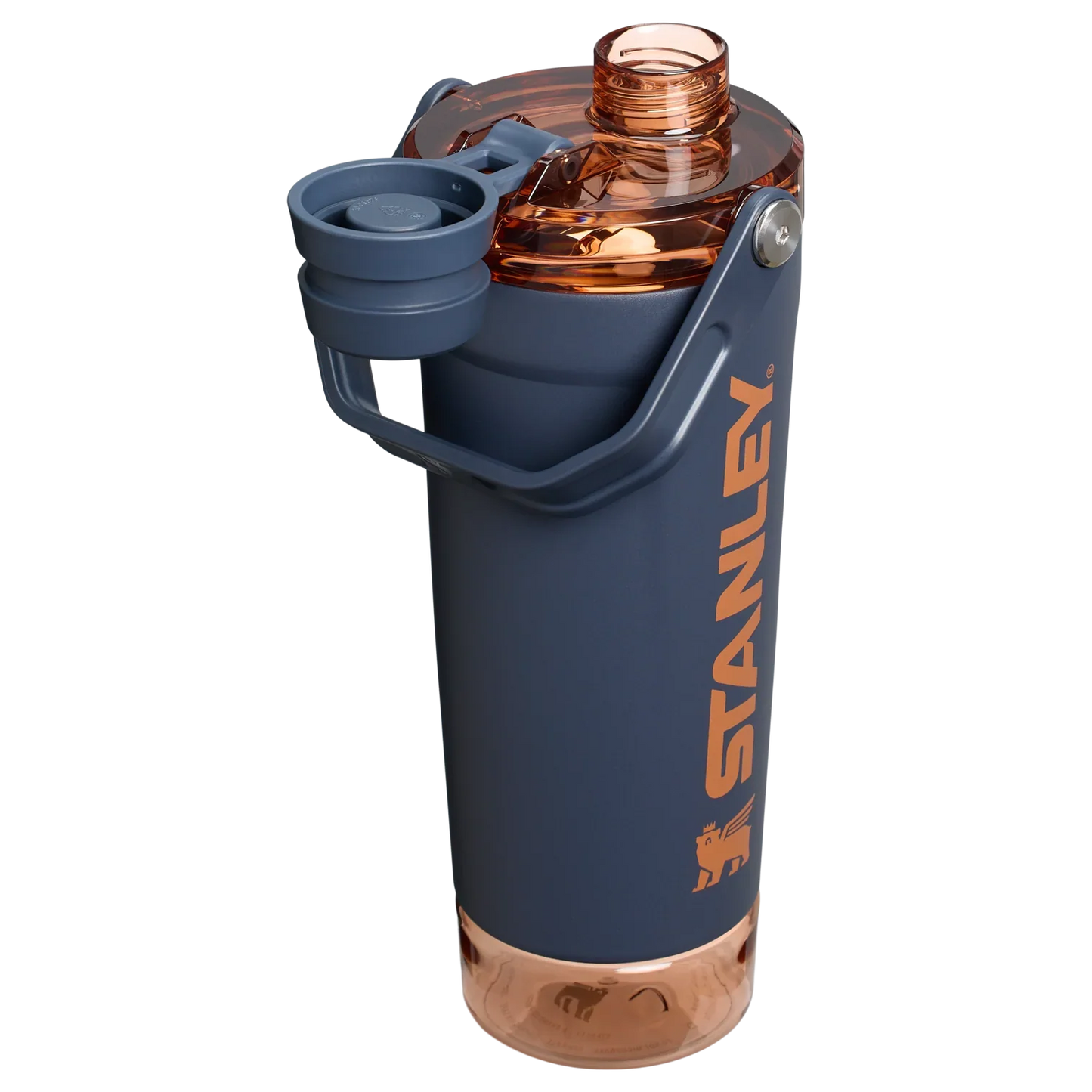 A black Stanley Activate Shaker Bottle with an open tethered cap, showing the lid and carry handle design.
