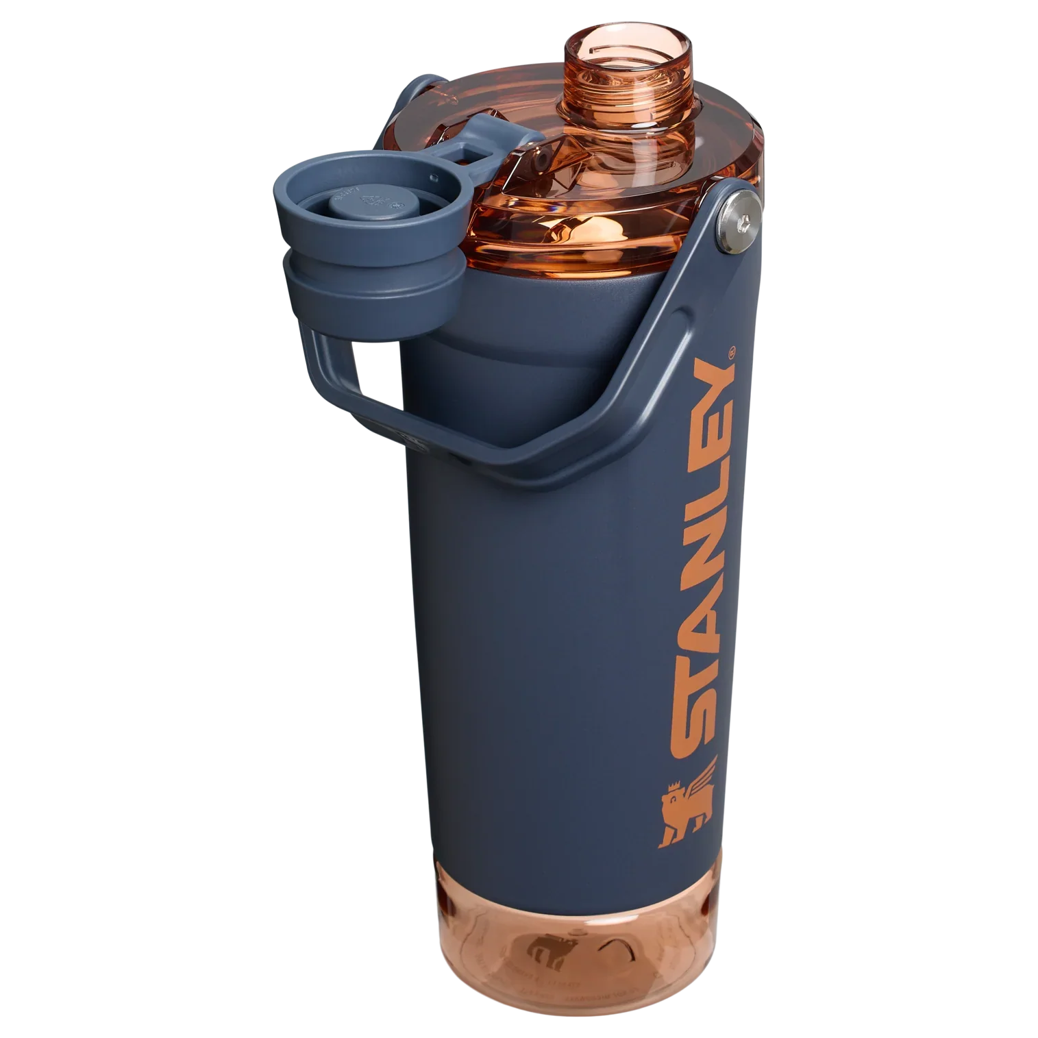 A black Stanley Activate Shaker Bottle with an open tethered cap, showing the lid and carry handle design.
