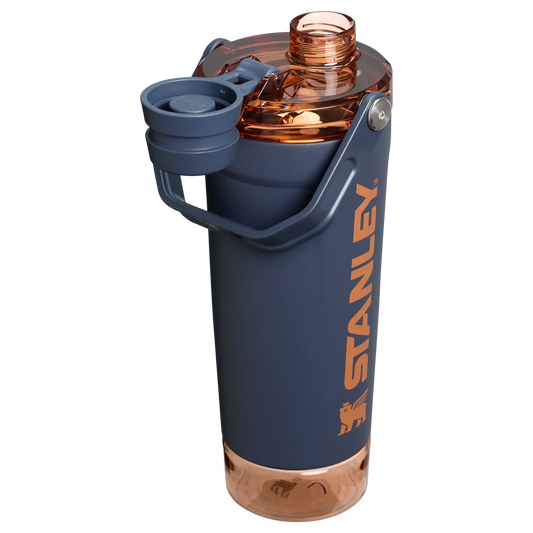 A black Stanley Activate Shaker Bottle with an open tethered cap, showing the lid and carry handle design.
